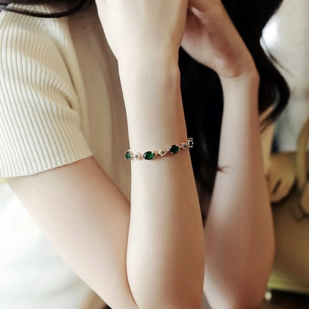 18K Gold Plated Green Crystal Emerald Charm Bracelet for Women - Picture 3 of 5